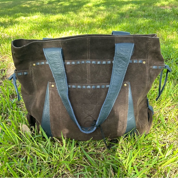Elegant Brown Suede and Blue Leather Tote Bag - Picture 1 of 13